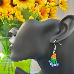 Upside-Down Flower Pot Fringe Earrings (Dangle, Miyuki, Blue, Green)